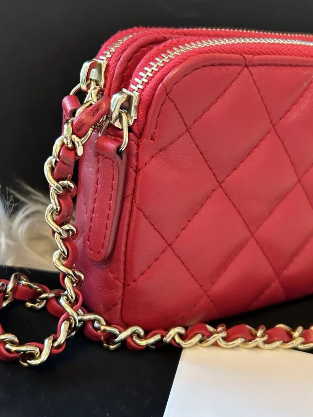 CHANEL Double Zip Bag in Pink Lambskin & Gold Hardware w box, dust bag, card